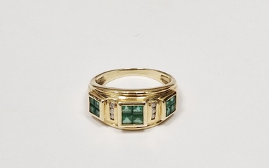 14ct gold, emerald and diamond dress ring having three squar...