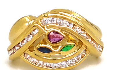18 carati Oro giallo- Anello - zircone smeraldo zaffiro rubino Peso Totale : 8.45g