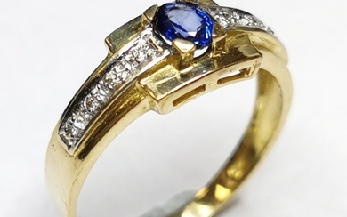 18 kt. Gold - Ring - 0.29 ct Sapphire - Diamonds