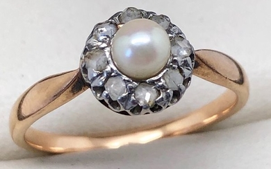18 kt. Gold, Silver - 1900s ring "no reserve price" Pearl and Pink Cut Diamonds