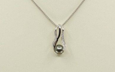 18 kt. White gold-10 mm Tahitian pearl - Necklace - 0.46ct Diamonds