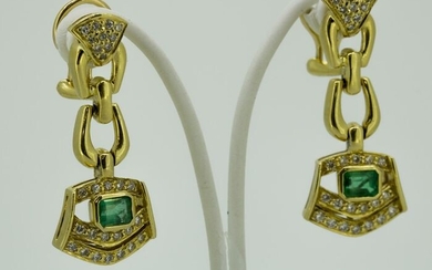 18 kt. Yellow gold - Earrings - 0.96 ct Diamond - Emerald