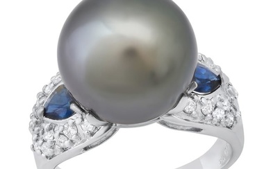 18K White Gold Setting with 14mm Black Pearl, .28ct Sapphire and 0.40ct Diamond Ring