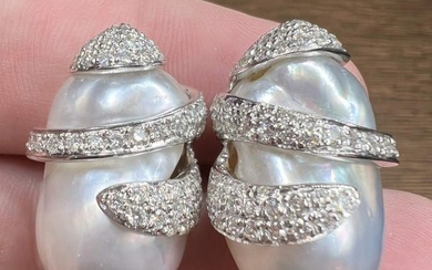 18K White Gold South Sea Pearl & Diamond Earrings signed Yvel