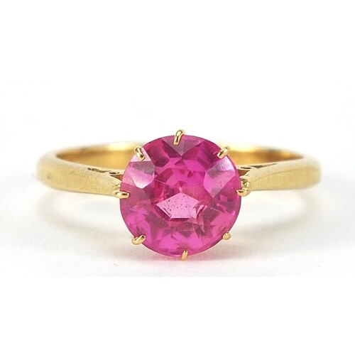 18ct gold ruby solitaire ring, the stone approximately 8mm i...