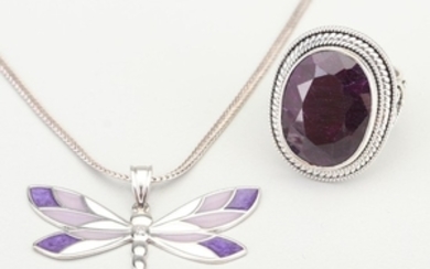 Sterling Silver Diamond and Enamel Dragonfly Necklace and Corundum Ring