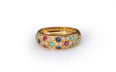 18k Yellow Gold Sapphire, Ruby, Emerald & Diamond Ring