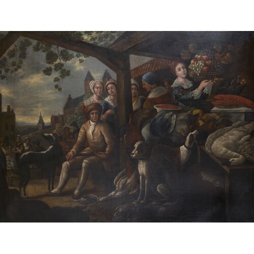 18th Century Dutch School. A Market Scene with Figures, Dogs...