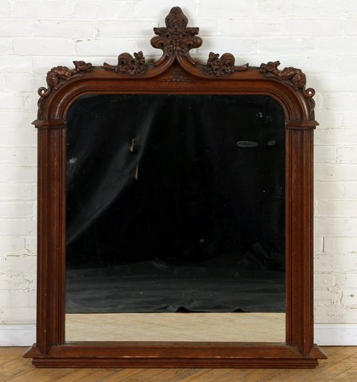 19TH C. GOTHIC STYLE OAK OVER MANTLE MIRROR
