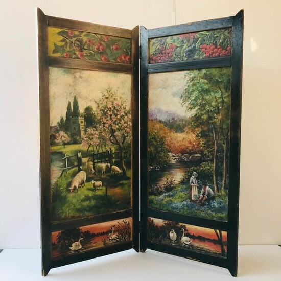19th century room / fireplace screen with landscape scene "hand painted"