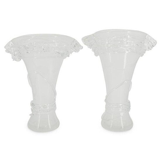 (2 Pc) Ion Tamaian Glass Vases With Clear Reeding