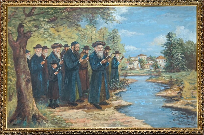 20ème siècle Ecole continentale, Tashlich, Rabbi et Communauté priant à la rivière, huile sur toile,...