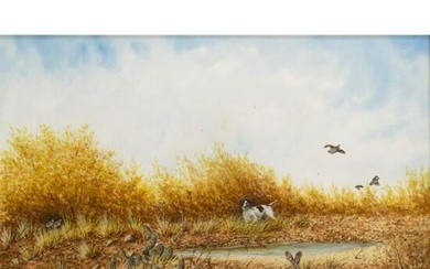 20thc Signed Quail & Pointer Hunting Theme Watercolor