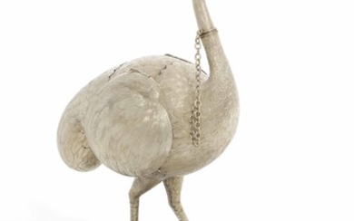 A CONTINENTAL SILVER-MOUNTED MODEL OF AN OSTRICH, CIRCA 1880, MARKS OVER-STRUCK AND ILLEGIBLE