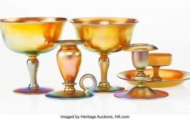 23049: Five Steuben Gold Aurene Glass Table Items, earl