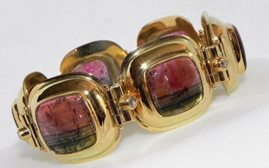 15 kt. Yellow gold - Solid Rubellite Tourmaline Art Deco Gold Diamond Tourmaline Cabochons (Approx 250 Kt) Bracelet Tourmaline