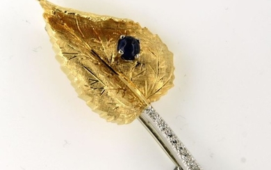 18 kt. White gold, Yellow gold - Brooch - 0.10 ct Diamond - Sapphire