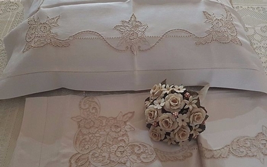 Museum-quality extra pure 100% linen sheet with cutwork and satin stitch embroidery, entirely handmade