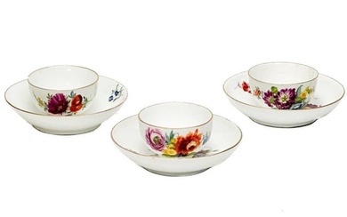 3 Meissen German Hand Painted Porcelain Cup & Saucers Florals c. 1770