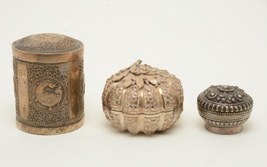 3 Southeast Asian silver boxes, repousse decorations