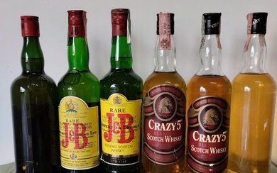 3 x J&B Rare + 3 x Crazy 5 - b. 1980s, 1990s - 70cl, 75cl - 6 bottles