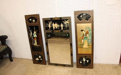 3pc Asian black lacquer mirror and Pair of wall art