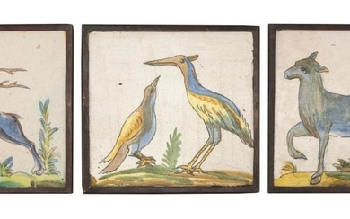 THREE FRAMED MAJOLICA TILES Depict assorted animals in shades of blue, green, orange and yellow. Copper frames. 8" x 8".