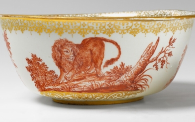 A Meissen Boettger porcelain bowl decorated with wild animals by an Augsburg "hausmaler"
