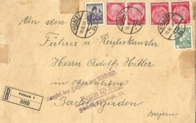 1938 Registered Envelope addressed to Adolf Hitler Berchtesgaden. Villach postmarks to front and Berlin to back. Good Condition....