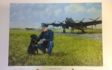 After me the Floods Guy Gibson multiple signed Dambusters print by Michael Smart, Signed by the artist and five WW2 617sqn...