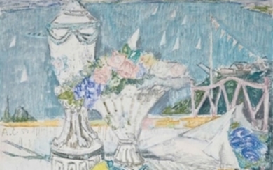 ALOIS CARIGIET (1902-1985), Stillleben mit Pokal und Blumenvase vor Ausblick auf den Zürichsee, 1954