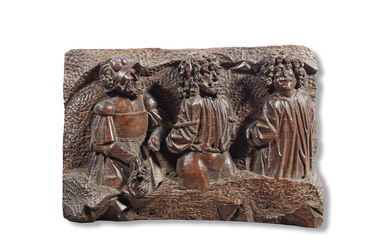 A carved oak panel, German, circa 1600, probably Procession to Calvary on the Via Dolorosa