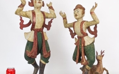Pair Carved Wooden Tibetan Figures