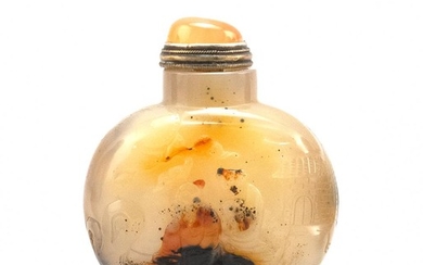 CHINESE AGATE SNUFF BOTTLE In Cizhou style. Sage and attendant landscape design. Height 2.2". Agate stopper.