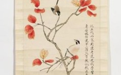 Chinese Hanging Scroll with Bird Motif, Inscribed