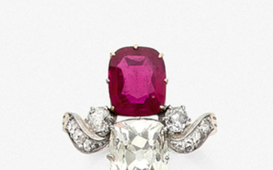 CIRCA 1910 DIAMOND RING A diamond, red stone, platinum and...