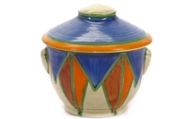 CLARICE CLIFF BIZARRE POT WITH COVER, in geometric...