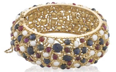 CULTURED PEARL, CABOCHON RUBY AND SAPPHIRE BANGLE BRACELET