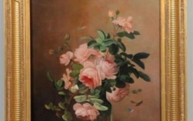 D. HOH (XIXème) Bouquet de roses dans un vase Huil…