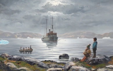 Emanuel A. Petersen: A ship and minor boats at a Greenlandic fiord. Signed Emanuel A. Petersen. Oil on canvas. 70×100 cm.