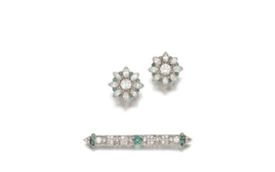 Emerald and diamond earclips and brooch