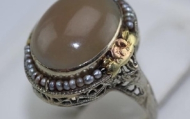 Fine Art Nouveau 14k Gold Seed Pearl & Agate Ring