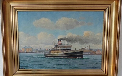 Frants Landt: Passenger steam outside the Copenhagen harbor. Signed Fr. Landt. Oil on canvas. 34×49 cm. Frame size 48.5×64 cm.