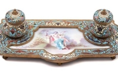A French Champleve Bronze and Painted Porcelain Standish