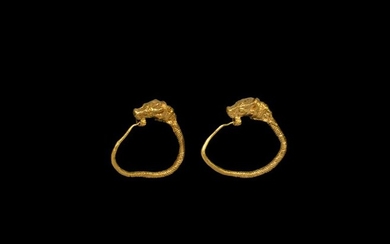 Greek Gold Earrings with Lion Terminal