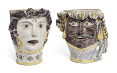 A PAIR OF ITALIAN POLYCHROME-DECORATED EARTHENWARE JARDINIÈRES, DESIGNED BY TOM BRITT, 20TH CENTURY