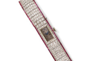 A Lady's Art Deco Ruby, Diamond and Platinum Bracelet Wristwatch