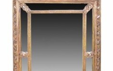 A large 19th century Louis XVI style gilt gesso mirror with elaborate surmounted crest with flaming torch, ribbon and floral...