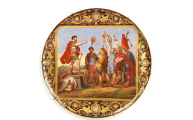 An late 19th Vienna style porcelain circular plaque enamelled with a scene after Peter Paul Rubens (Flemish, 1577-1640) depicting 'Decius Mus Relating His Dreams'