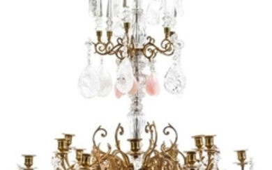 A Louis XV Style Gilt Bronze, Rose Quartz and Rock Crystal Twelve-Light Chandelier